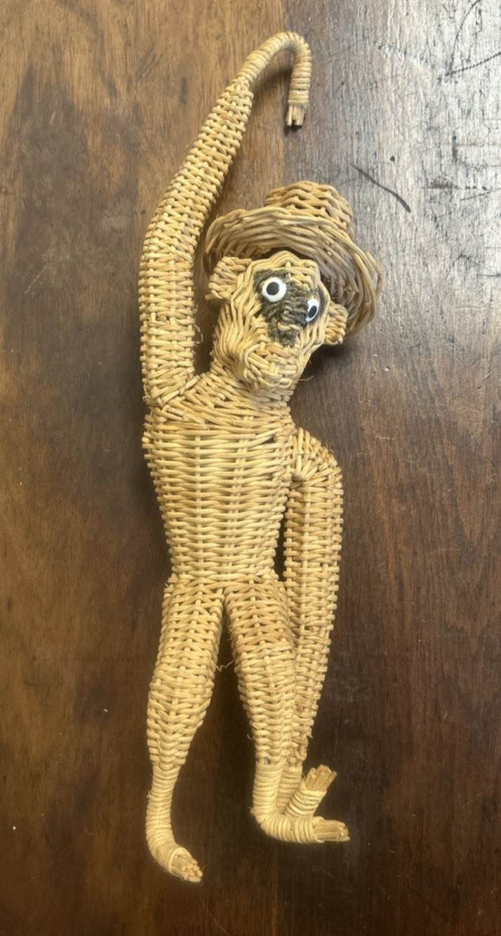 Vintage Woven Wicker Rattan Monkey Top Hat 14” Hanging Figurine Boho Tiki Decor